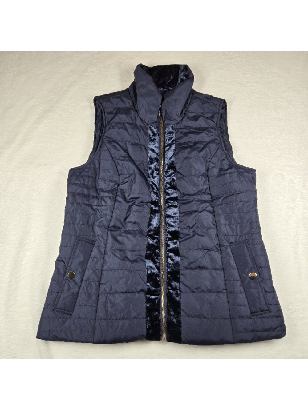 Ellen Tracy Womens Vest Navy Blue Size Small Full Zip Gold Suede Embellishments